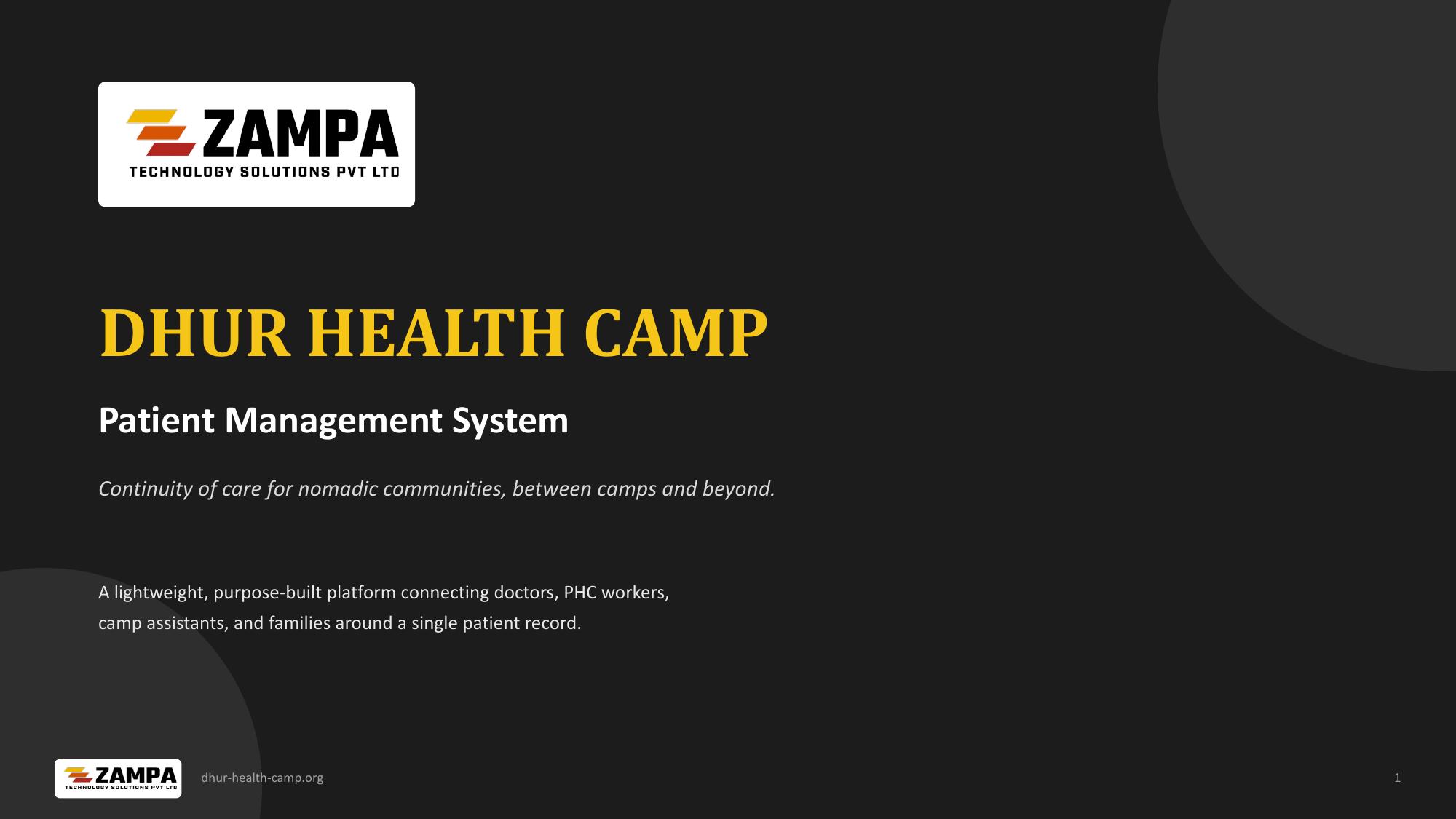 Dhur Health Camp — Patient Management System — slide 1