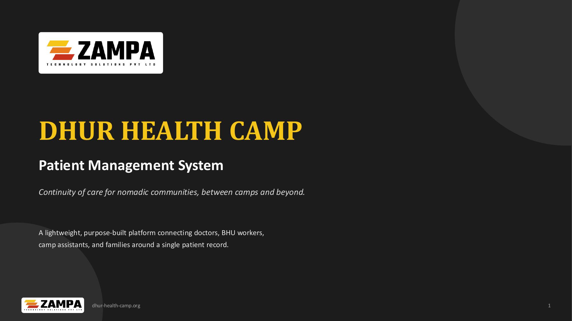 Dhur Health Camp — Patient Management System — slide 1