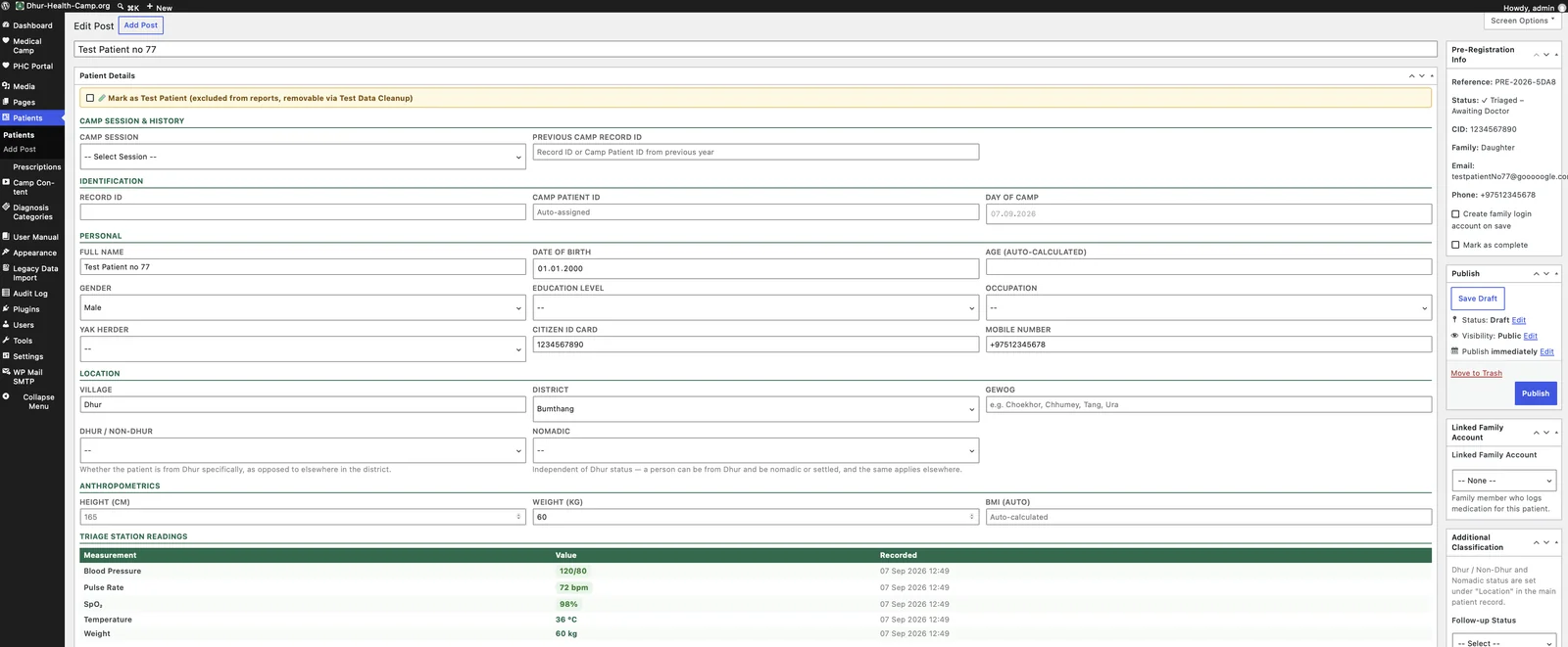The doctor's patient file, with personal details, location and the triage readings