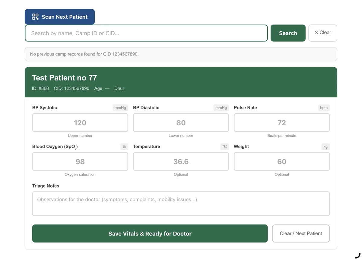 The triage form on a tablet, with blood pressure, pulse, oxygen, temperature and weight for a test patient